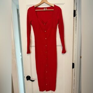 Asos sweetheart Red Ribbed Long Sleeve Button-Front Dress, S